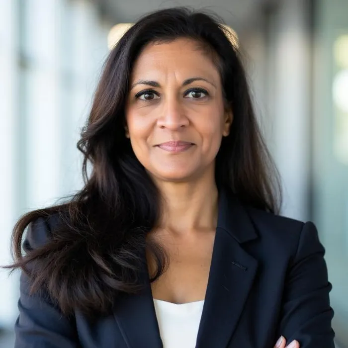 Maitri Patel Headshot. She is posing with arms crossed with a soft smile in a brightly lit hall.